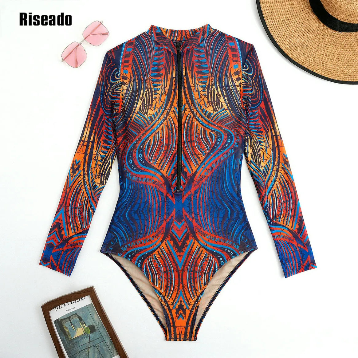 Women's Mesh Beach Suit Printed High Waist Surfing One Piece Suit with Long Sleeves Large Size