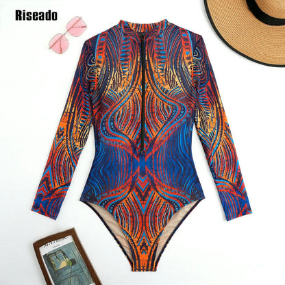 Women's Mesh Beach Suit Printed High Waist Surfing One Piece Suit with Long Sleeves Large Size