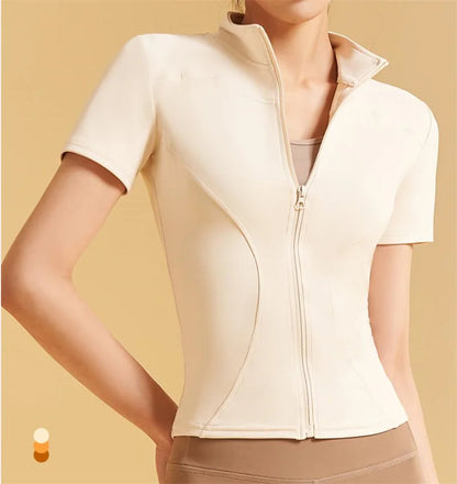 Aiithuug Yoga Tops Zipper Short Sleeve Gym Shirts Waist Slimmer Zip Up Sports Workout Top Fitness Jackets Running Slim Fit Tops