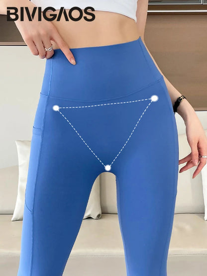 Side Pocket Sharkskin Leggings Women High Waist Tight Fitness Yoga Leggings Push Up Running Leggings