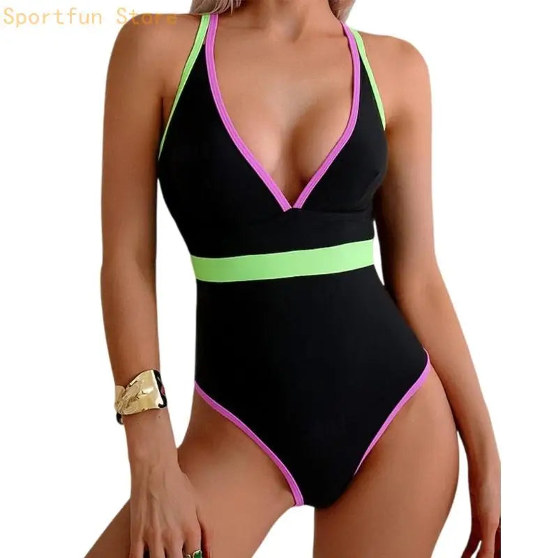 Womens 1 Pc Swimsuit Deep V-Neck Bathing Suit Push Up Swimming Suit Ladies Contrast Color Swimwear for Beachwear