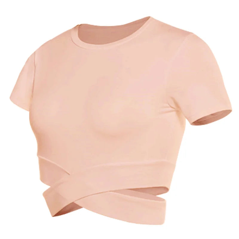 Aiithuug Waist Yoga Short Sleeve Crisscross Waist Breathable Gym Shirts Sports Tops Workout Fitness Crop Top Yoga Top
