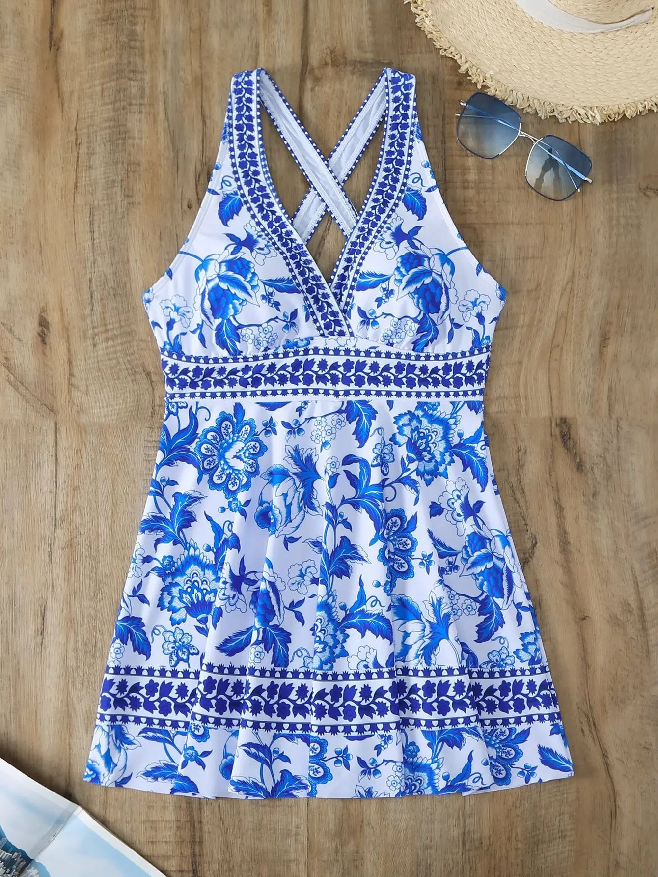 Summer Two Pieces Swimsuit Vintage Floral Print Swimwear Female Tankini Sets Deep V Beach Wear Women Swimming Bathing Suit