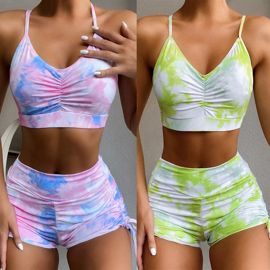 Two Piece Swimsuit Swimwear Women Print Shirring High Waist Bathing Suit Beachwear