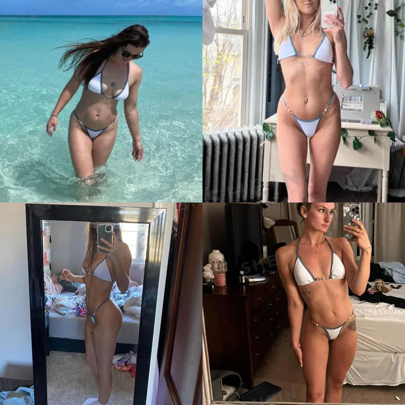 Women Swimsuit Halter Bath Suit Two Pieces Bikini Set Femme Beachwear Summer Bathing Suit String Adjust Thong Triangle Cup