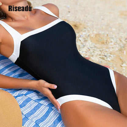 One Piece Swimsuit Retro Bathing Suit Black with White Straps High Cut Bathers