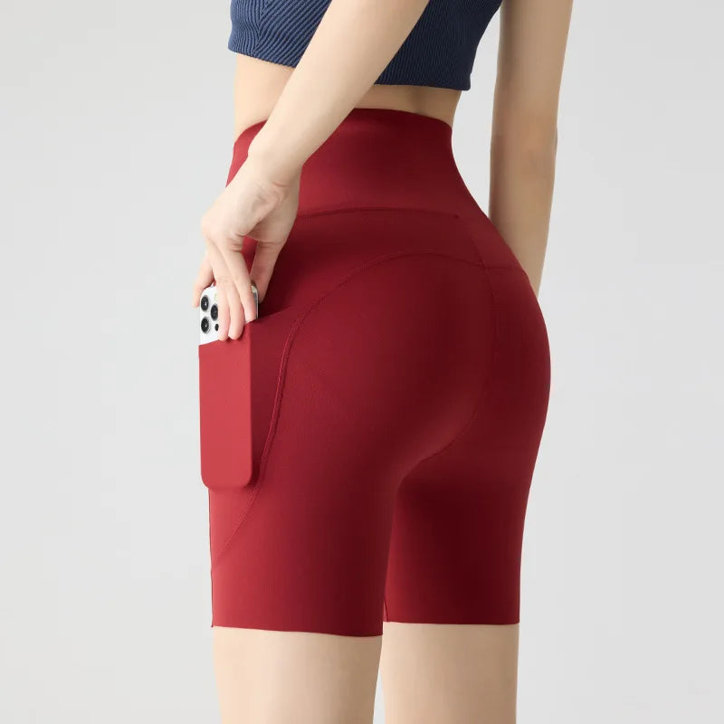 Summer Pocket High Waist Sharkskin Shorts Women Tight Butt Lifter Light Feeling Sport Fitness Yoga Bicycle Shorts