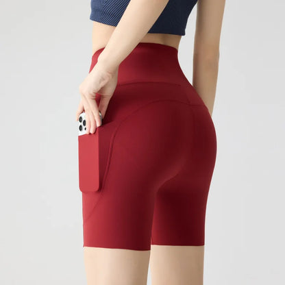 Summer Pocket High Waist Sharkskin Shorts Women Tight Butt Lifter Light Feeling Sport Fitness Yoga Bicycle Shorts