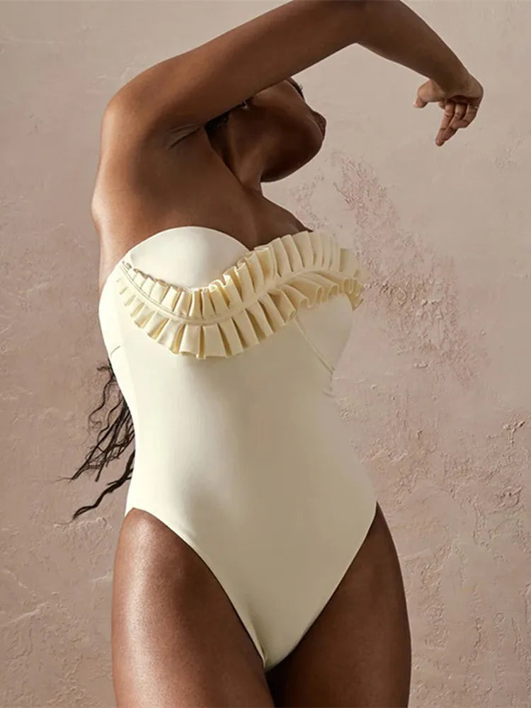 Women Monokini One-Piece Swimsuit Female Solid Bathing Suit Vacation Beachwear Ruffle Swimming Suit