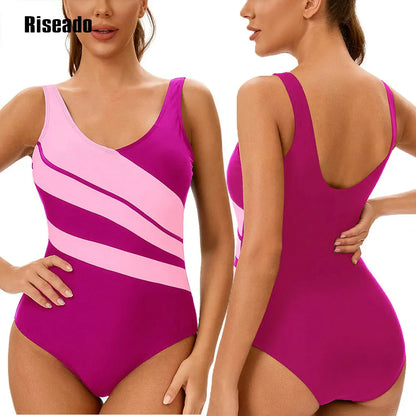 One Piece Swimsuit Women U Back Color Block Print Bathing Suits Athletic Modest Swimwear