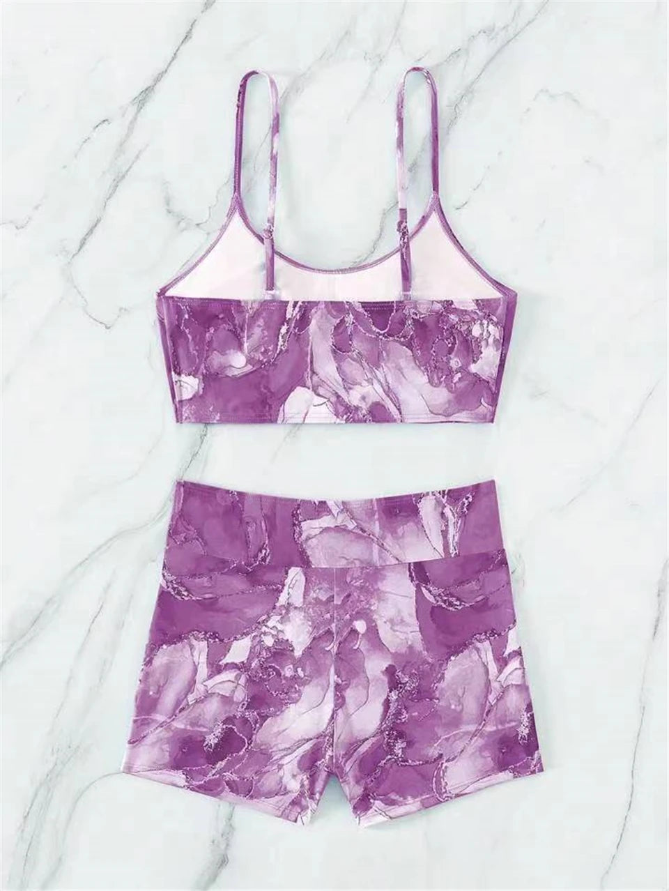Two Pieces Marble Print Swimwear Women High Waist Swimsuit Summer Beach Wear Female Bathers Bathing Swimming Sport Suit