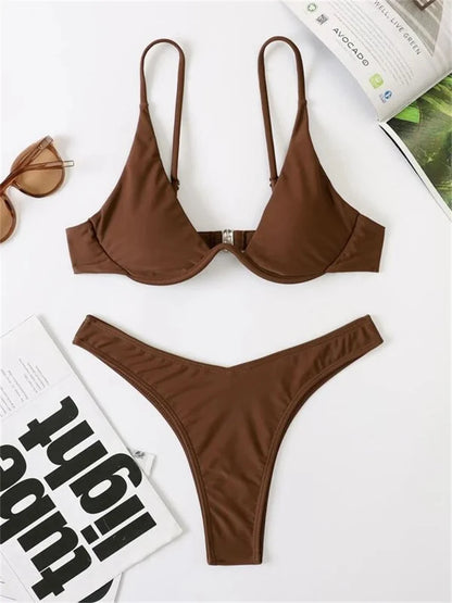 Bikini Women Solid Red Push Up Bra Thong Swimsuit Haler V Neck Bathing Suit Mini Micro Thong Swimwear