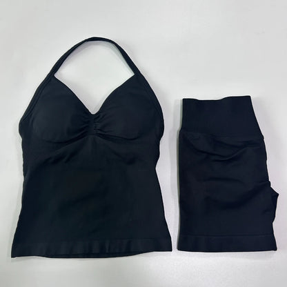 2Pcs Gym Set Women Backless Tank Tops High Waist Scrunch Seamless Shorts Gym Suit Fitness Clothes Activewear Workout Set