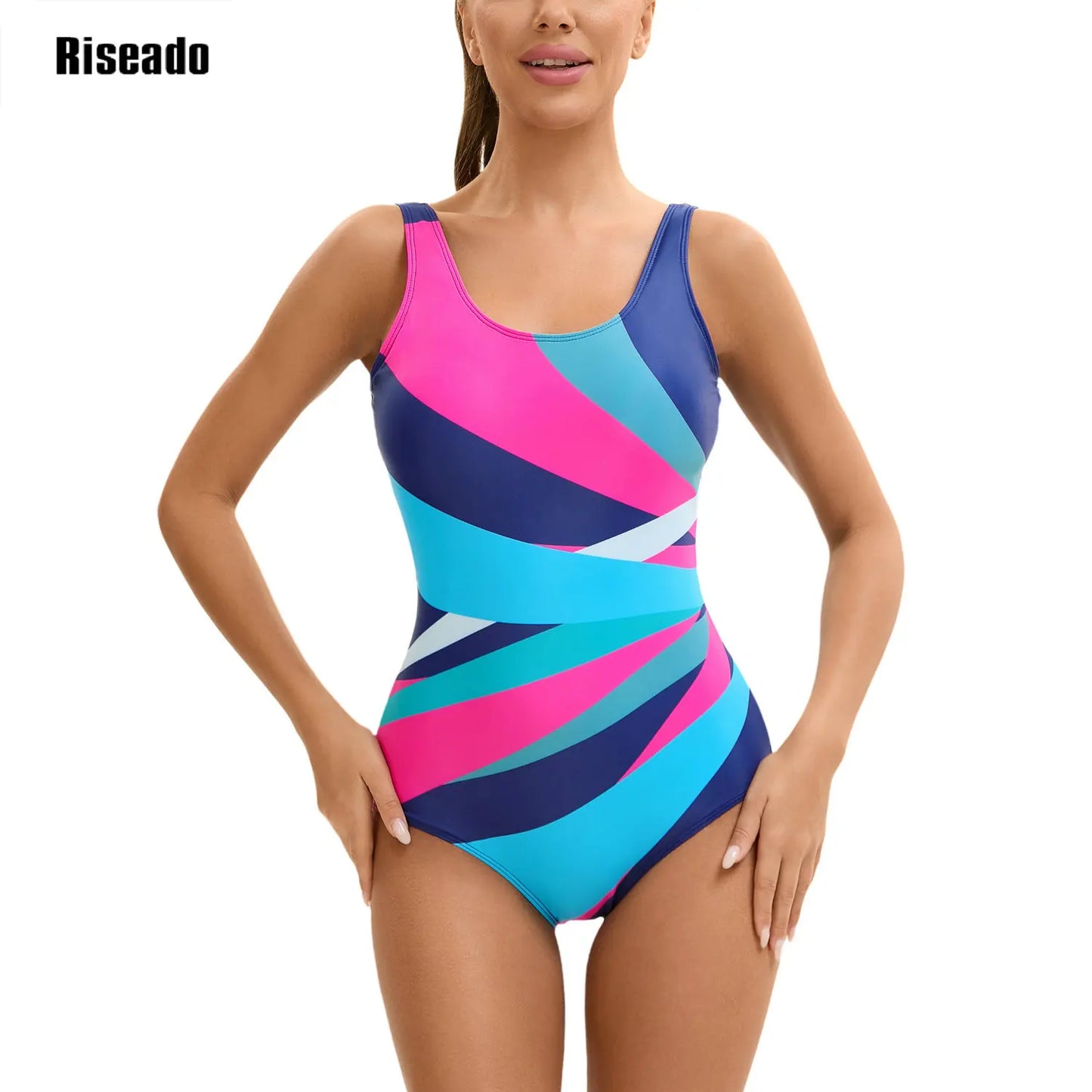 One Piece Swimsuit Athletic Bathing Suits Training Sport Swimwear for Women Color Block Monokini Multicolor