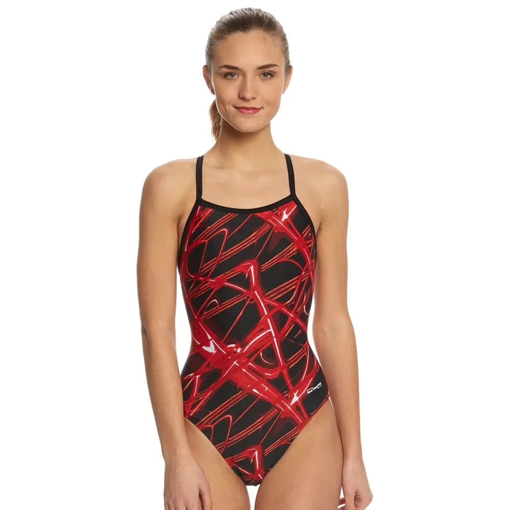 Neon Lightning Design Thin Strap One Piece Swimsuit Women's One Piece Swimsuit Ideal For Training And Competition Training Swimwear