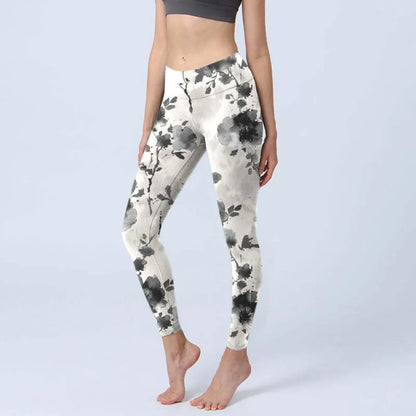 High Waisted Yoga Pants Leggings for Women Bamboo Print Workout Tights Non-See Through Gym Fitness Running Athletic Wear