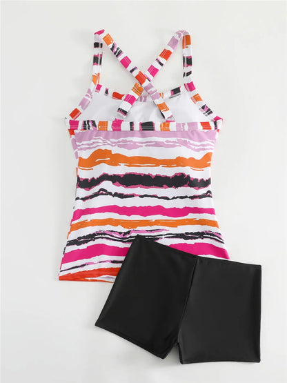 Print High Waist Swimsuit Ring Link Two Piece Tankini Swimwear Female Padded Beachwear Bathers Bathing Swimming Suit