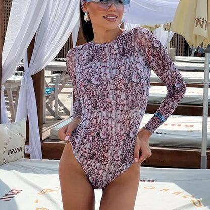 Mesh High Waist Swimsuit Women Summer Bathing Suit Bikini Set Long Sleeve Swimwear Beach Swimming Suit For Female