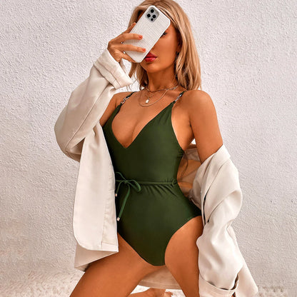 Solid Hollow Strapped Swimwear Women Push UP One Piece Swimsuit Monokini Backless Beach Lady Bathing Suit