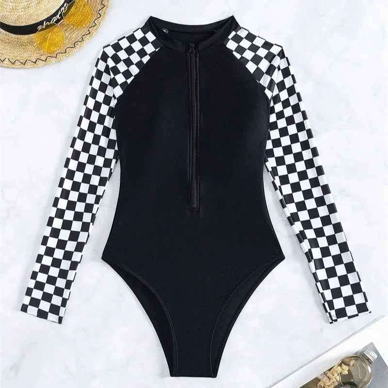 Plaid One-Piece Swimsuits Closed Long Sleeve Swimwear For Sports Surfing Bodysuit Women Swim Bathing Suit Beachwear Pool Bather