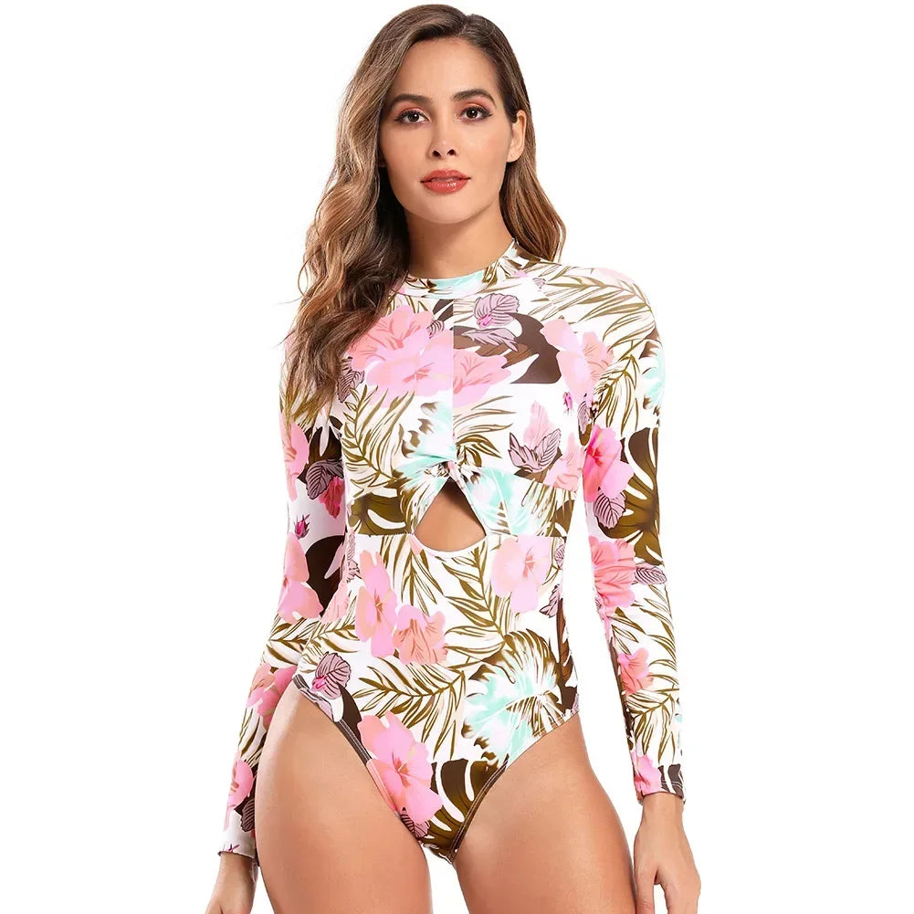 Print Floral One Piece Swimsuit Long Sleeve Swimwear Women Bathing Suit Retro Swimsuit Vintage One-piece Surfing Swim Suits