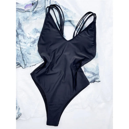 3 Colors V Neck Strappy High Leg Cut Backless Women Swimwear One Piece Swimsuit Female Bather Bathing Suit Swim Lady