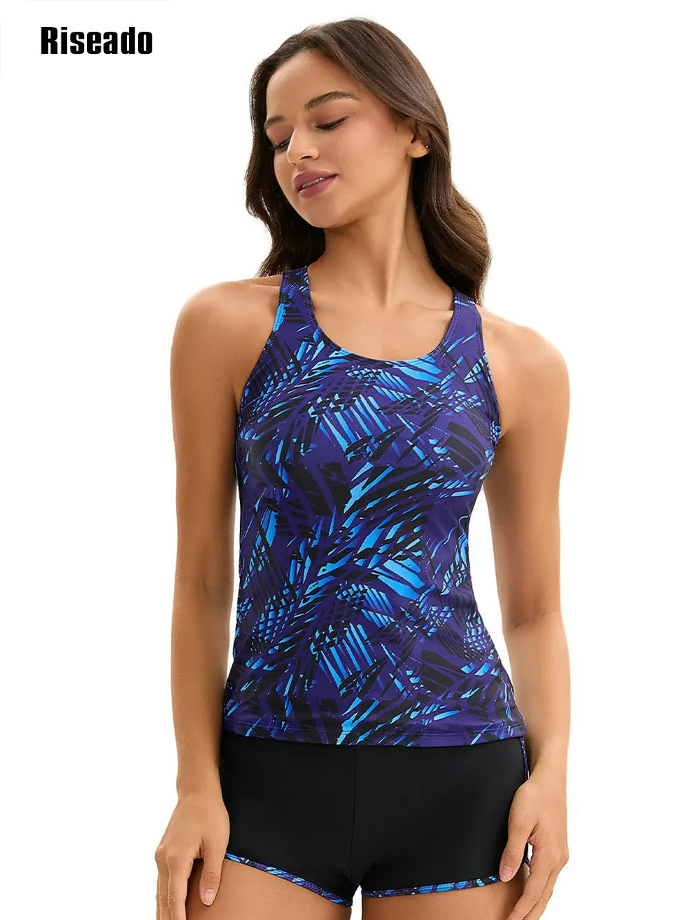 Women's Tankini Swimsuits Tummy Control Ruched Two Piece Bathing Suit Round Neck Sleeveless Swimwear with Shorts
