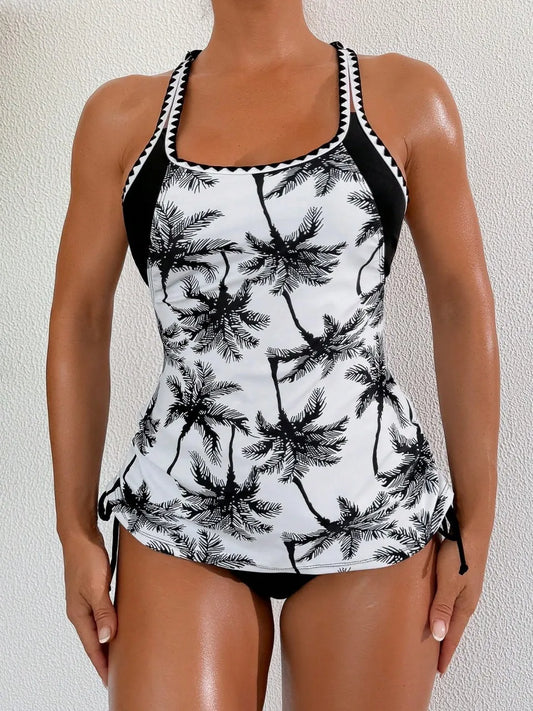 Strappy Print Tankini Women Two Pieces Drawstring Triangle Swimsuit Lace Up Swimwear Female Bathing Swimming Suit Beachwear