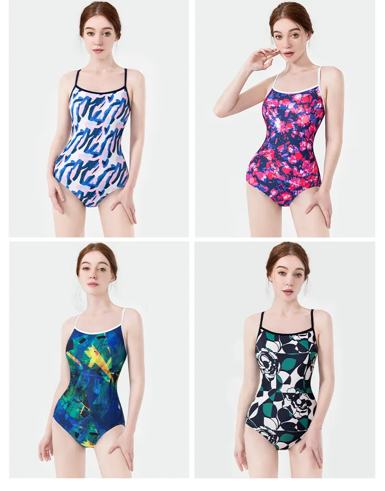 Women Vintage Racing One-piece Swimwear Sun Protection Professional Competition Flower Printed Swimsuit Training Bikini