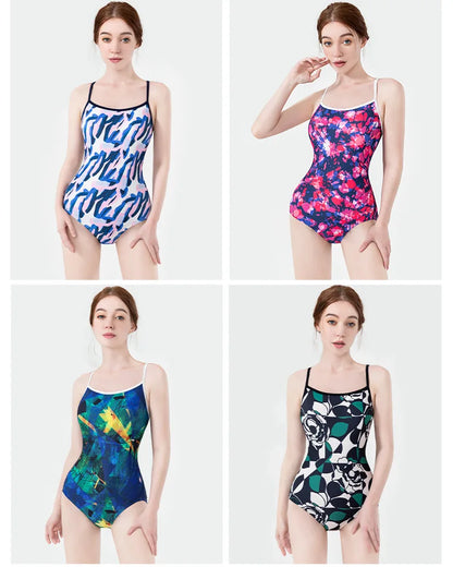 Women Vintage Racing One-piece Swimwear Sun Protection Professional Competition Flower Printed Swimsuit Training Bikini