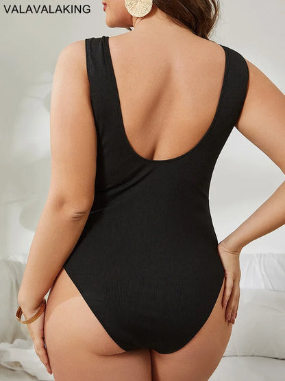 Black Thick Strapped Plus Size Swimwear Women Push UP Large Big One Piece Swimsuit Curvy Beach Bathing Suit
