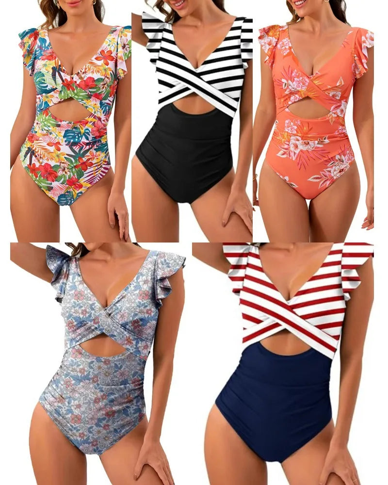 Nadanbao Fashion Elegance One-Piece Swimsuit Women Plicated Bikini Female Hollow Out Backless Flounce Beach Party Swimming Suit