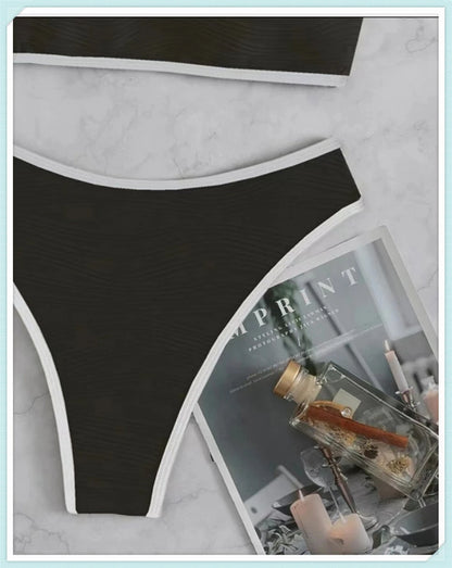 Bandeau High Waist Bikini Women Triangle Swimsuit Stitch Detail Swimwear Padded Bathing Suit Female Solid Beachwear