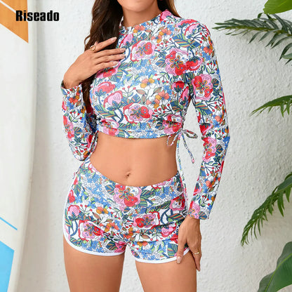 Womens Sport Two Piece Swimsuits Long Sleeve Crop Tops Guard Boyshort Bottom Swimming Suits for Women Big Size