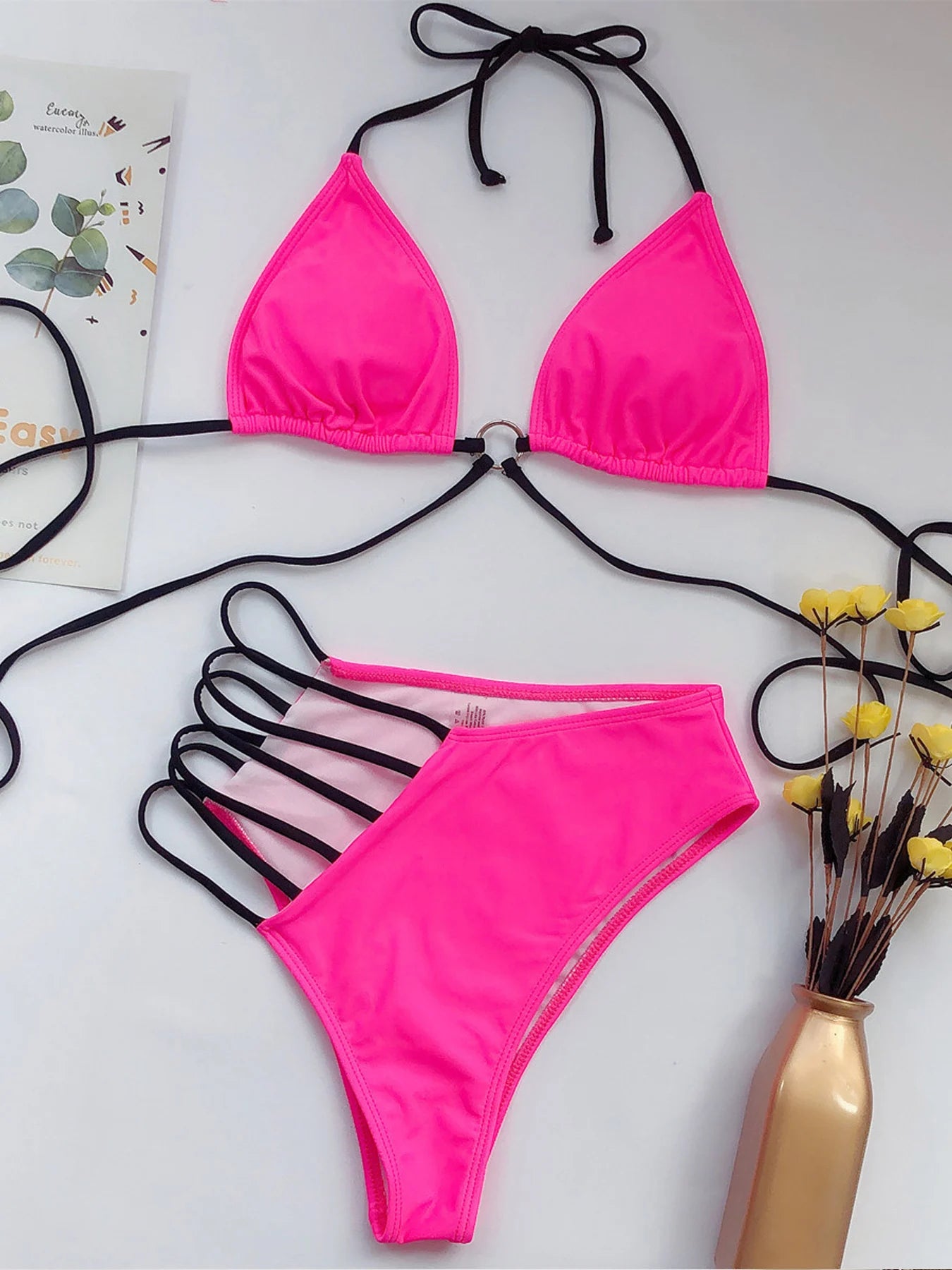 V Neck Print Hollow Bikini Set High Cut Halter Swimsuit For Women Backless Tied 2 Piece Swimwear Bathing Suit