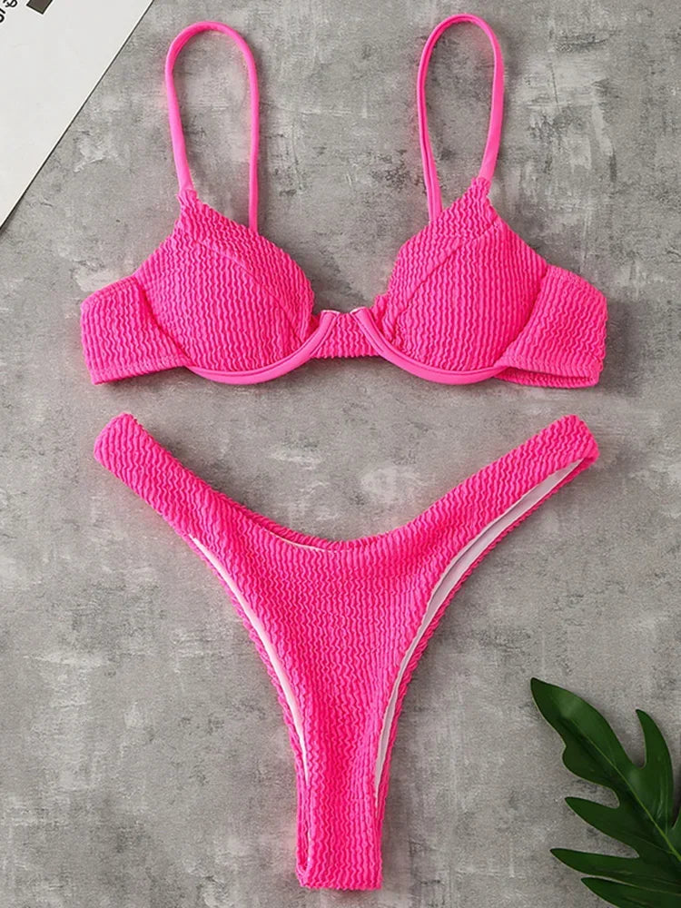 Ribbed Underwired V-Bar Thong Bikini Women Swimsuit Female Swimwear Two-pieces Bikini Set High Cut Bathing Suit Swim Beachwear