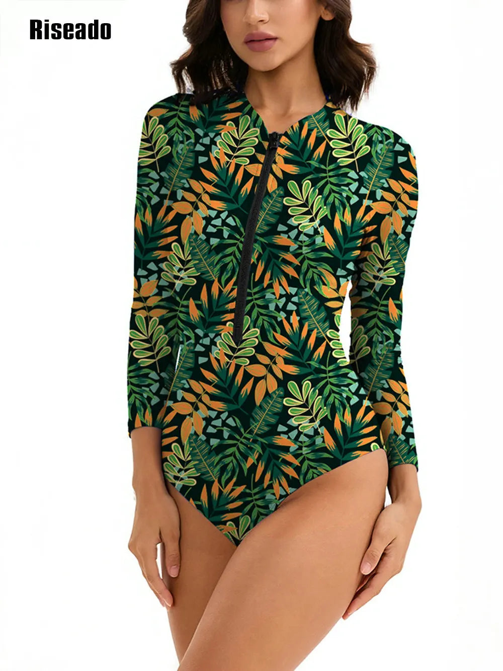 Women's One Piece Swimsuits Long Sleeve Leaf Print Surfing Swimsuit Indoor-Pool Bathing Suit