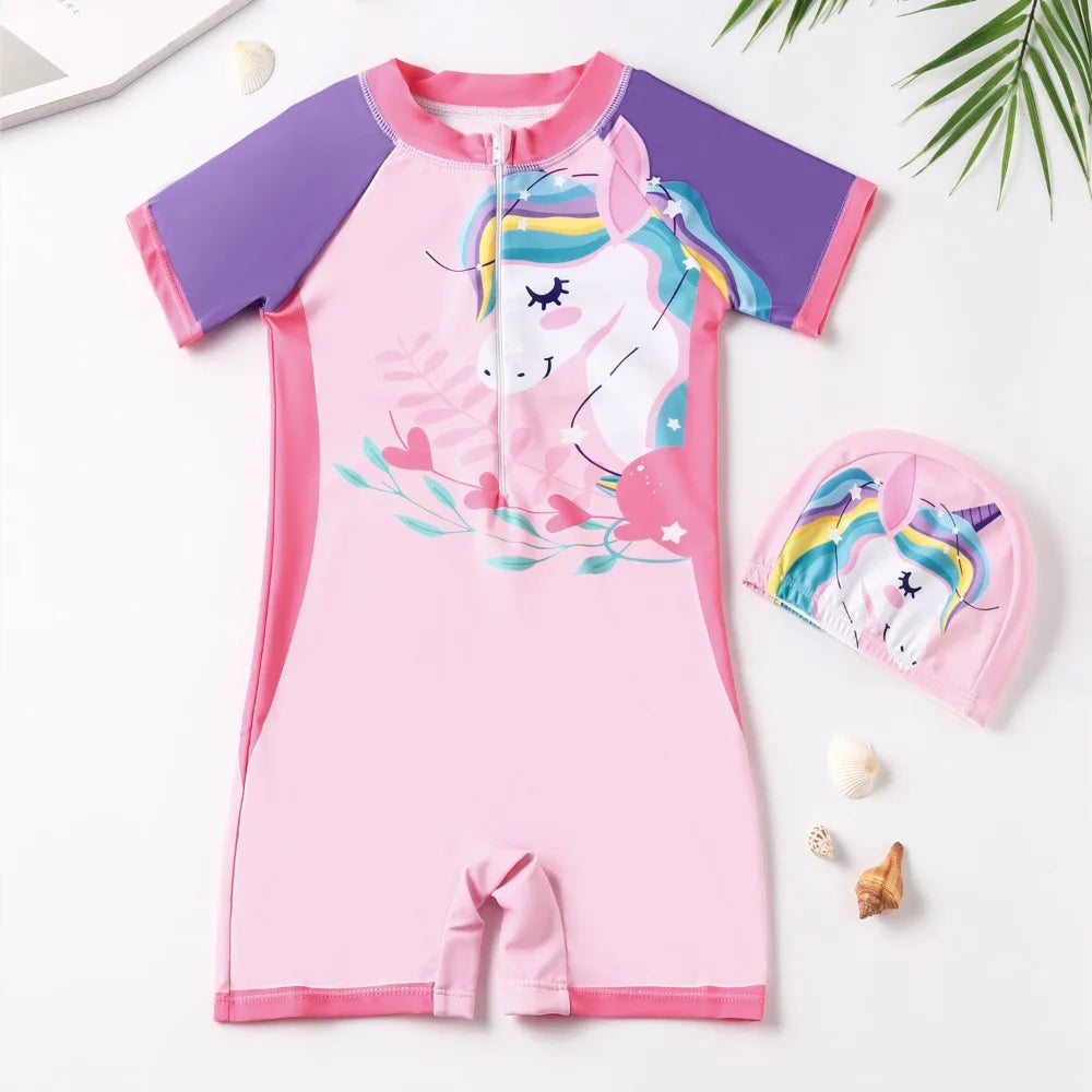 UV Baby Girl Swimsuit One Piece Swimming Jumpsuit Unicorn Bathing Suit SPF 50 Short Sleeve Kids Swimwear for Girls 2-12 Years