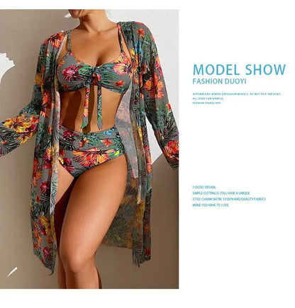 Split Three Piece Floral Printed Swimsuit Women Bikini Set Wireless Bra with Pad Sport Top Long sleeve Blouse Swimwear
