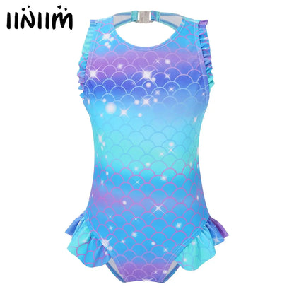 Kids Girls Mermaid Swimsuit Sleeveless Fish Scales Print Ruffle Flounce Jumpsuit Bathing Suit Pool Beach Athletic Swimwear