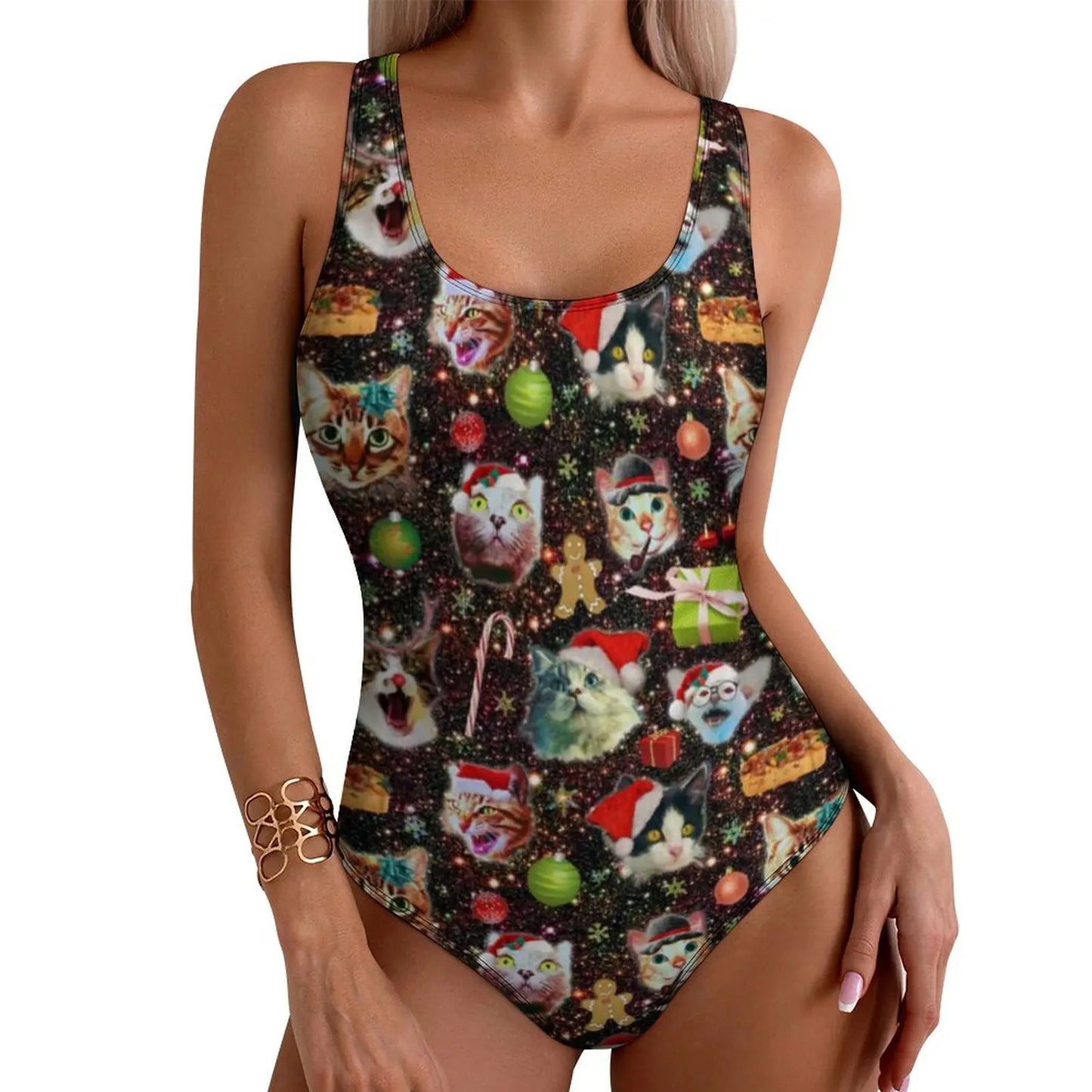 Funny Cat Swimsuit Colorful Cats Pop Art Swimwear One-Piece Fitness Bodysuit Cut Out Bathing Suits Ladies Push Up Beachwear