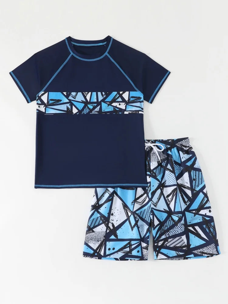 Teen Boys' Blue Geometric Short-Sleeve Rash Guard Set with Shorts