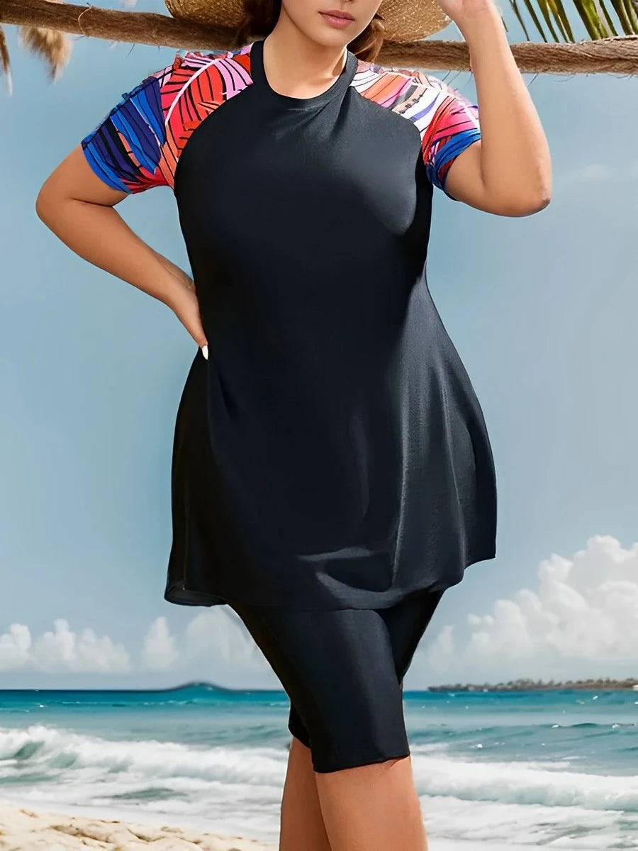 Plus Size Tankini  Rash Guard Short Sleeve 2 Pieces Swimsuit Women High Waist Shorts Swimwear Female Bathing Swimming Swim Suit Beach Bathers
