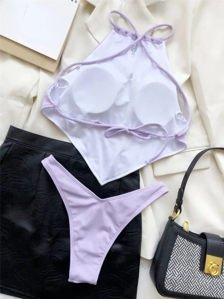 Halter Bandana Bikinis Set Swimwear Women Thong Swimsuits Backless Bathing Suit Bikini Swim Wear Summer