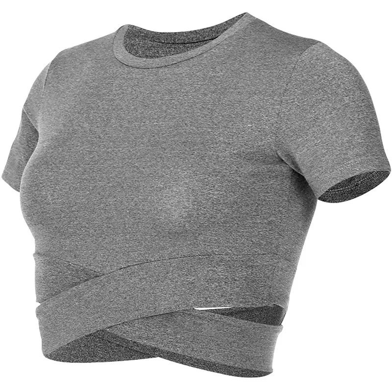 Aiithuug Waist Yoga Short Sleeve Crisscross Waist Breathable Gym Shirts Sports Tops Workout Fitness Crop Top Yoga Top