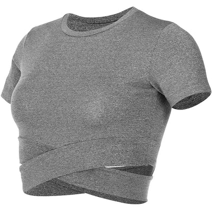 Aiithuug Waist Yoga Short Sleeve Crisscross Waist Breathable Gym Shirts Sports Tops Workout Fitness Crop Top Yoga Top