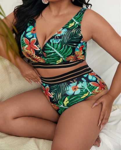 Large Floral Print Swimwear Women Plus Size V Neck Separate Swimsuit 2 Piece High Waist Bikini Set Bathing Suit