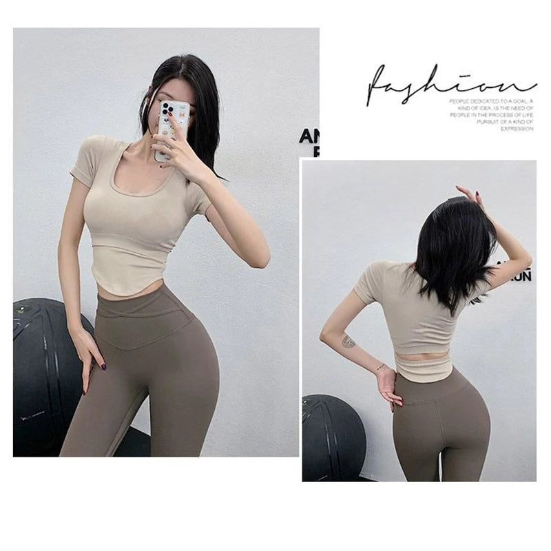 Aiithuug U Neck Yoga Bra Crop Bra Short Sleeve Ribbed Gym Crop Pilates Bras Gym Bra Workout Crops Fitness Top Running Crops
