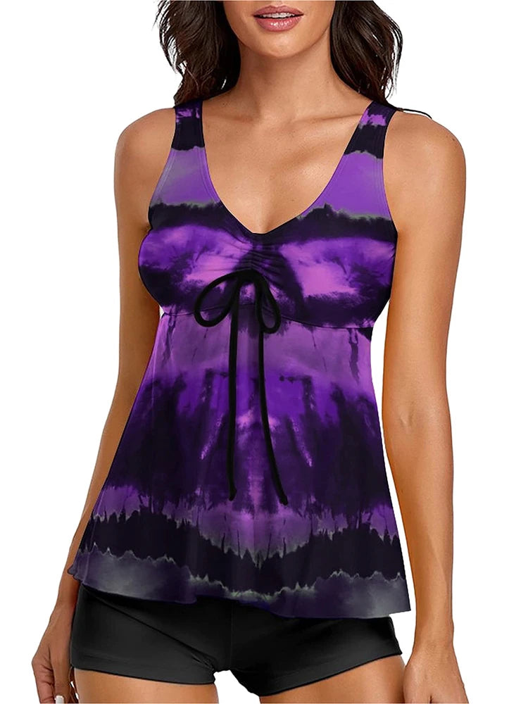 Bathing Suit Women Tie Dye Print Split Swimsuit Tankini Backless Lace Up Beachwear Thongs Summer Tankini Bathers