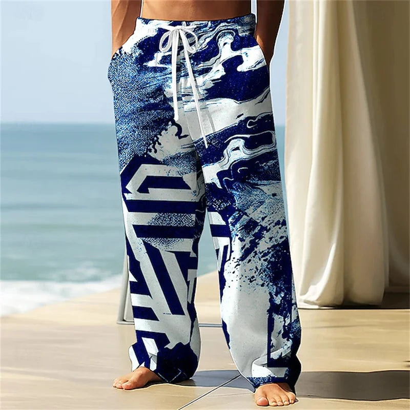 Stylish Men's Casual Pants Retro Classic Print Casual Pants Beach Wide-Leg Pants Streetwear Loose-Fit Athletic Pants